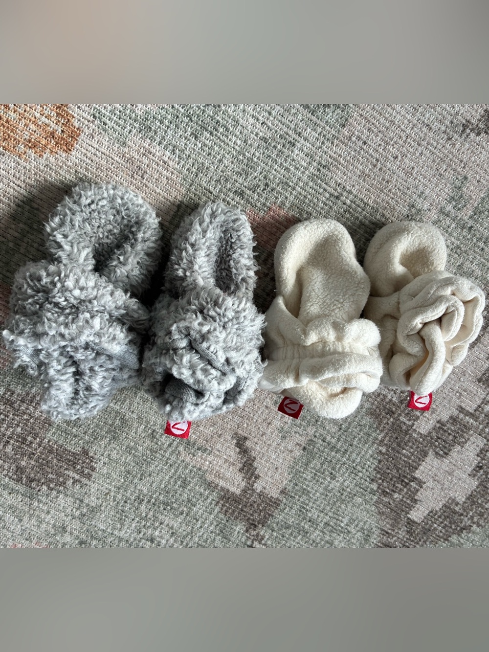 Zutano set of 3-6 month infant booties, cream and gray